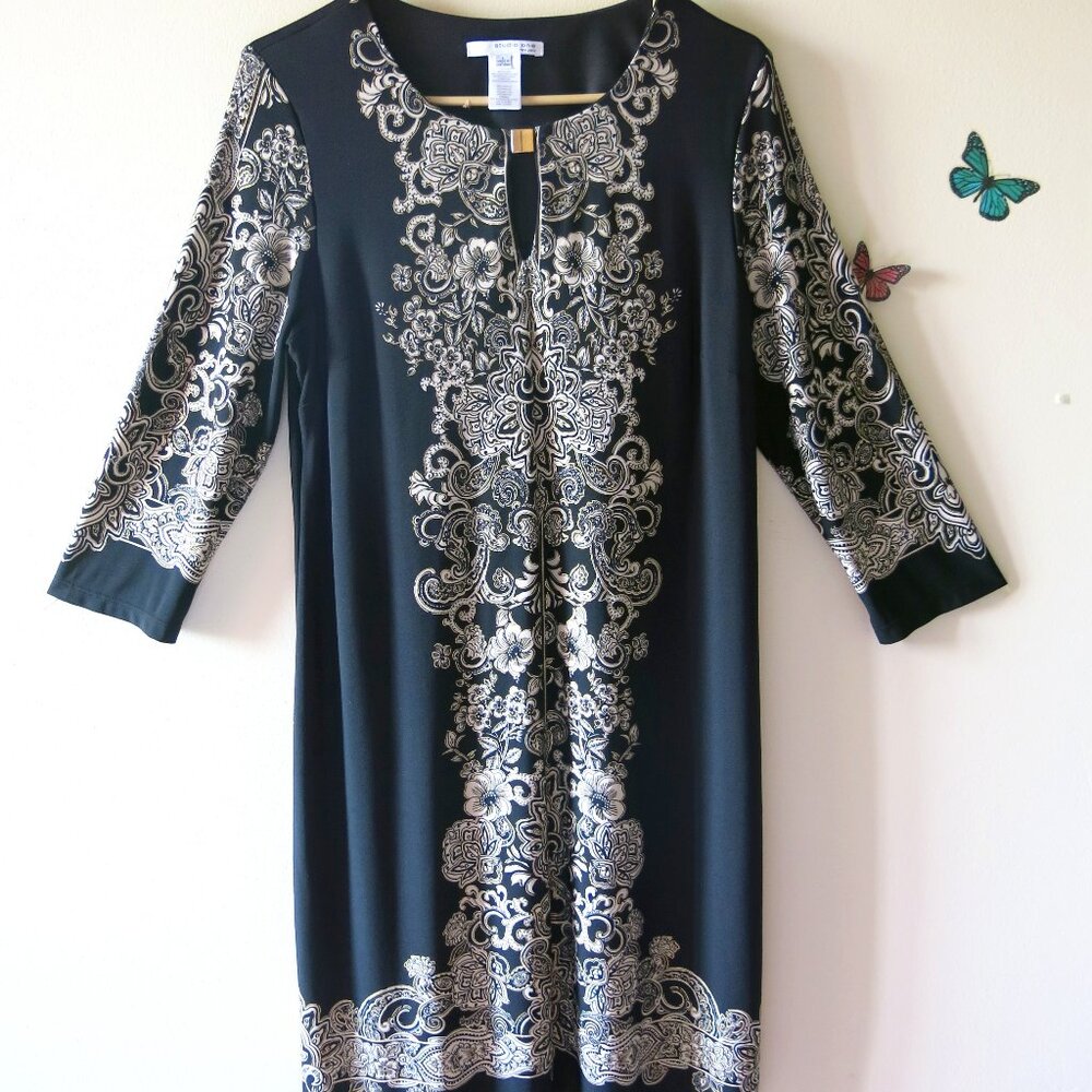 Studio One Black Gold Floral Vintage Retro Style Midi Shift Dress Size L